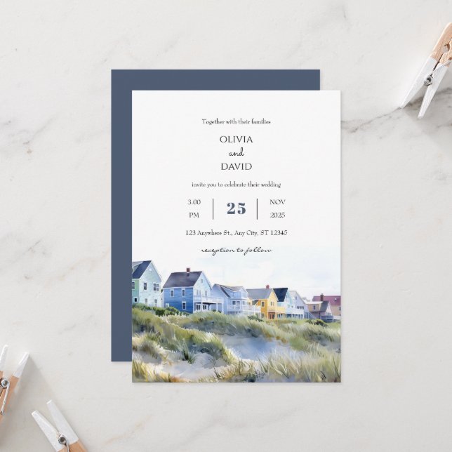 Charming Whitewashed Coastal Houses Beach Wedding Invitation (Front/Back In Situ)