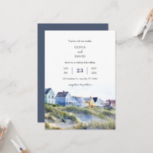 Charming Whitewashed Coastal Houses Beach Wedding Invitation