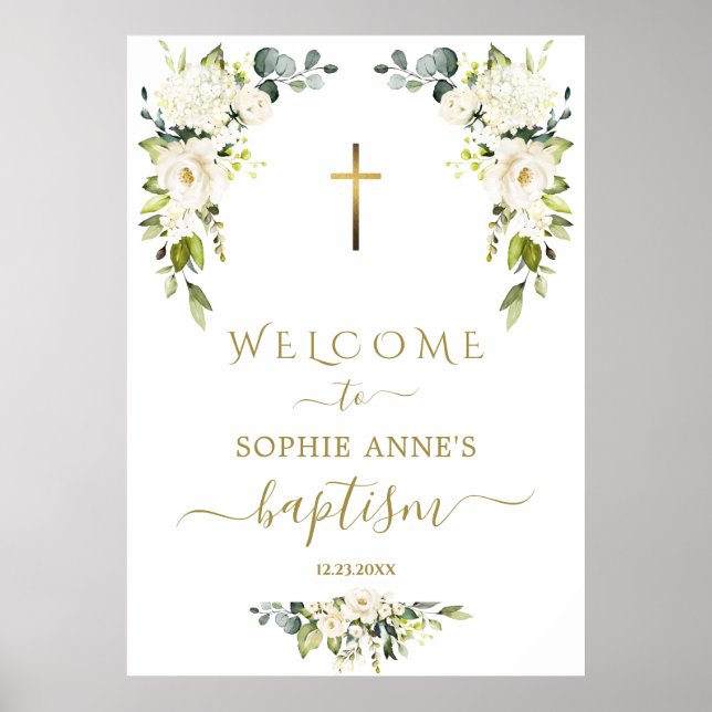 Charming Wild White Roses Baptism Welcome Sign (Front)