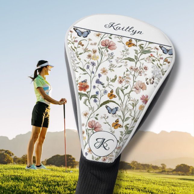 Charming Wildflowers Butterflies Name Monogram Golf Head Cover (Creator Uploaded)