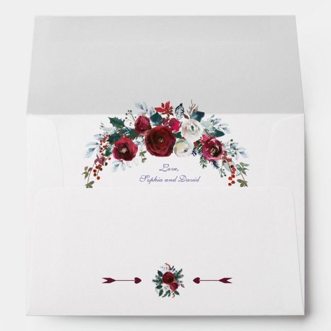 Charming Winter Burgundy Floral Pine Gold Wedding Envelope (Back (Bottom))