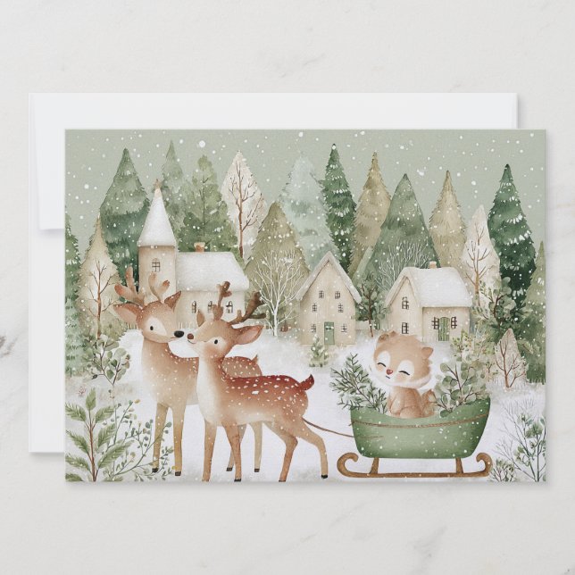 Charming winter scene with animals Merry Christmas Holiday Card (Front)