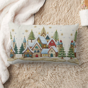 Charming Winter Village Embroidery Throw Pillow