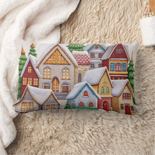 Charming Winter Village Embroidery Throw Pillow 