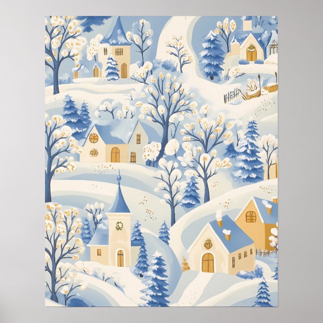 Charming Winter Village Scene in Snowy Landscape Poster (Front)