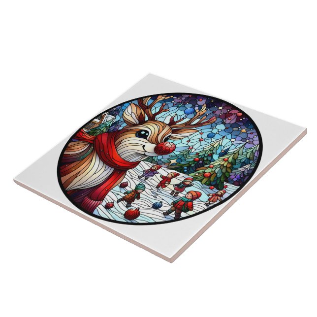 Charming winter wonderland with a playful reindeer ceramic tile (Side)