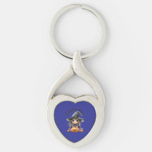 Charming Witch Girl Halloween Decor with Pumpkins Key Ring