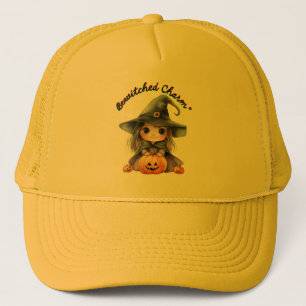 Charming Witch Girl Halloween Decor with Pumpkins Trucker Hat