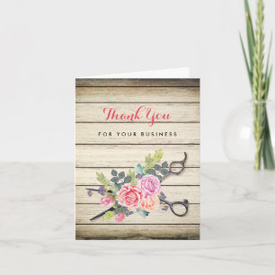 Charming Wood Pink Floral Scissors Hair Salon Thank You Card