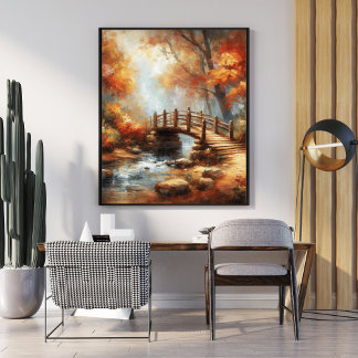 Charming Wooden Bridge Unique Forest River Scene Poster