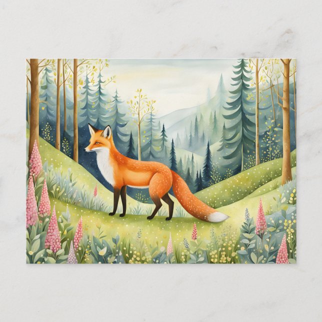 Charming Woodland Fox in a Blooming Forest Postcard (Front)