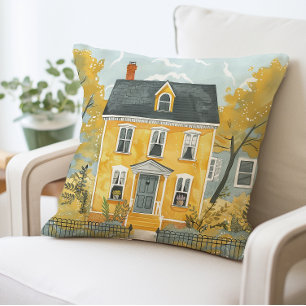 Charming Yellow House Pillow, Artistic Cottage Cushion