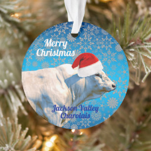 Charolais Bull in Santa Hat Christmas Ornament