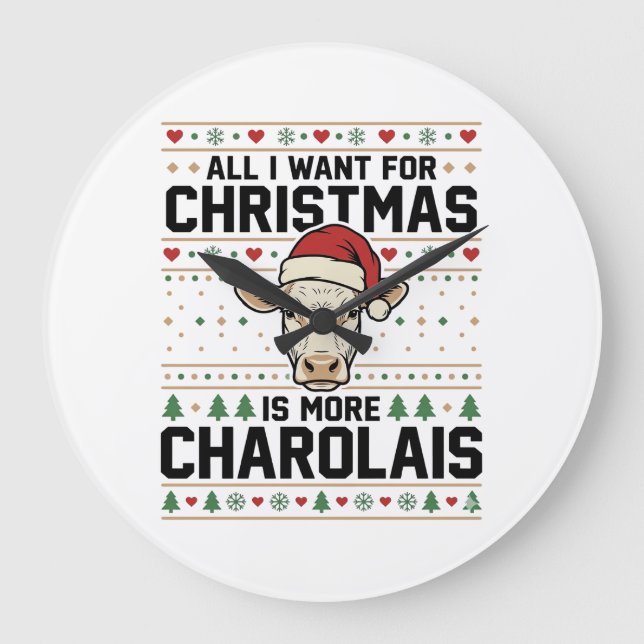 Charolais Christmas Cow Ugly Sweater Vector Design Large Clock (Front)