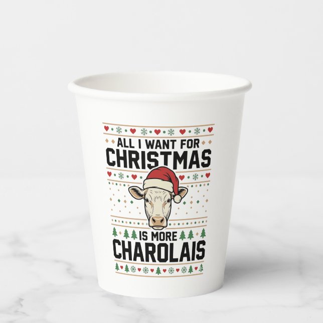 Charolais Christmas Cow Ugly Sweater Vector Design Paper Cups (Front)
