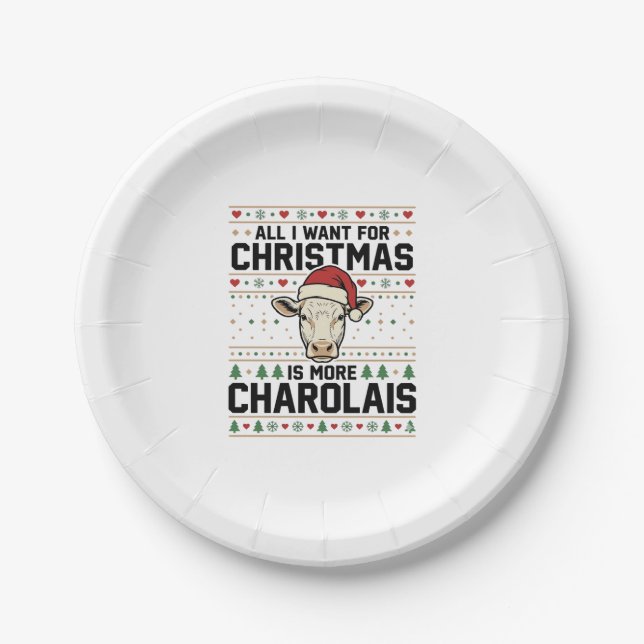 Charolais Christmas Cow Ugly Sweater Vector Design Paper Plate (Front)