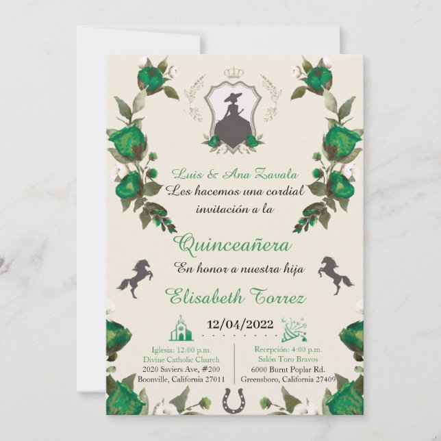 Charra Green Simplicity invitation, Charro Western (Front)