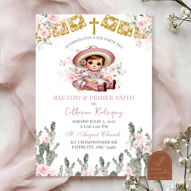 Charra Pink Roses Mexican Bautizo y Primer Anito Invitation (Creator Uploaded)
