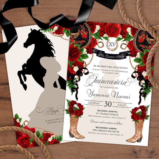 Charra Quinceanos Western Red Roses Black Mariachi Invitation (Creator Uploaded)