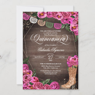 Charra Rustic Cowgirl Pink Rose Quinceañera Invitation