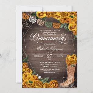 Charra Rustic Cowgirl Yellow Rose Quinceañera Invitation