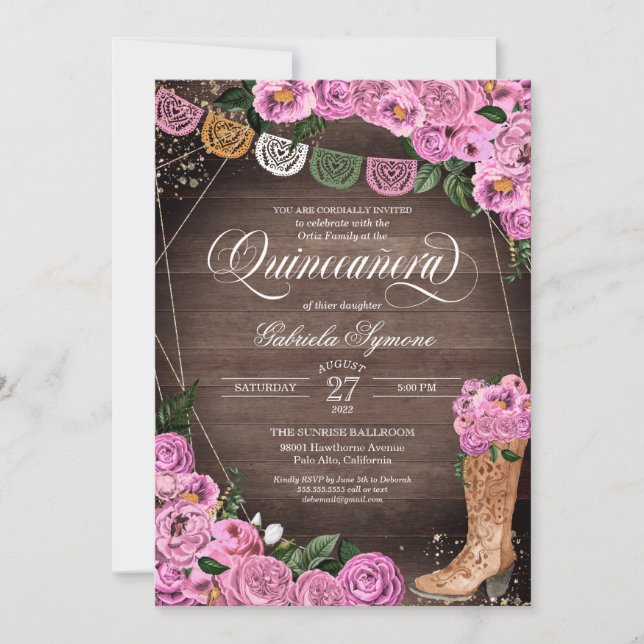 Charra Rustic Pink Roses Cowgirl Boots Quinceañera Invitation (Front)