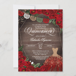 Charra Rustic Red Roses Glitter Dress Quinceañera Invitation
