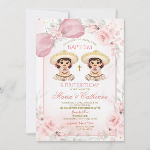 Charra Twin Girl Pink Floral Baptism 1st Birthday Invitation