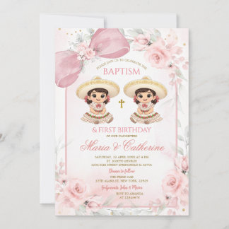 Charra Twin Girl Pink Floral Baptism 1st Birthday Invitation