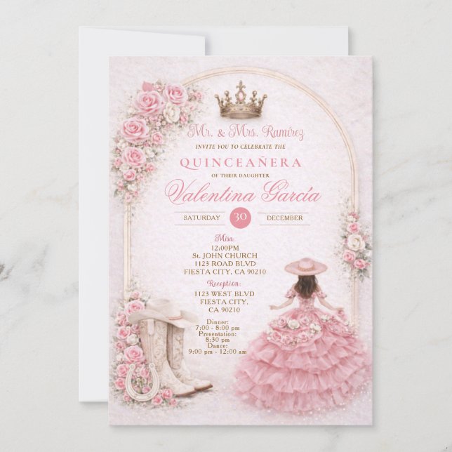 Charra Western Quince Blush Pink Quinceañera Invitation (Front)