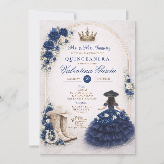 Charra Western Quince Navy Blue Quinceañera Invitation (Front)