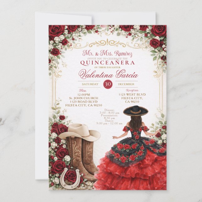 Charra Western Quince Red Rose Quinceañera Invitation (Front)