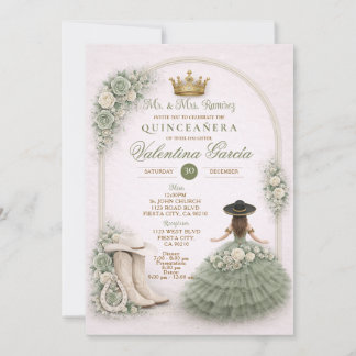 Charra Western Quince Sage Green Quinceañera Girl Invitation