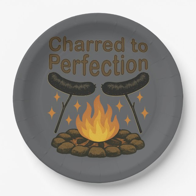 Charred to Perfection Funny Campfire Hot Dog Paper Plate (Front)