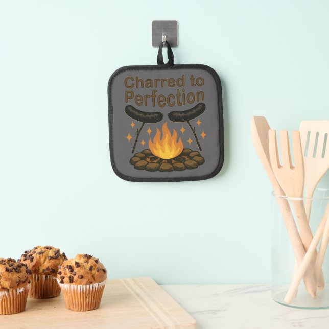 Charred to Perfection Funny Campfire Hot Dog Pot Holder (Insitu(Hanging))