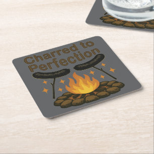 Charred to Perfection Funny Campfire Hot Dog Square Paper Coaster