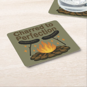 Charred to Perfection Funny Campfire Hot Dog Square Paper Coaster