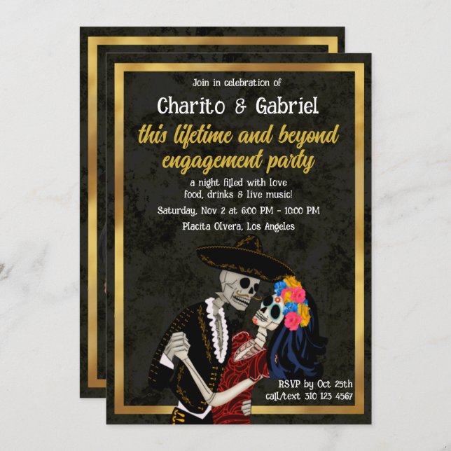 Charro and Catrina Sugar Skulls Dancing Engagement Invitation (Front/Back)