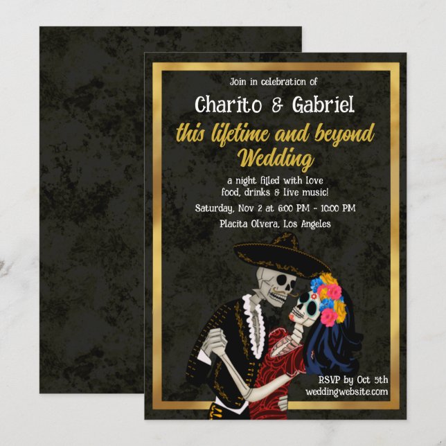 Charro and Catrina Sugar Skulls Dancing Wedding Invitation (Front/Back)