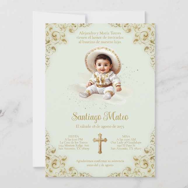 Charro Baptism Invitation – Boy – Sage & Gold (Front)