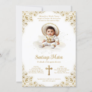 Charro Boy Baptism - Gold Bautizo - Niño Charro  Invitation