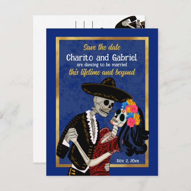 Charro Catrina Sugar Skulls Blue Save the Date Postcard (Front/Back)