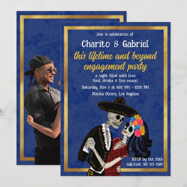 Charro Catrina Sugar Skulls Dance Blue Engagement Invitation (Front/Back)