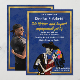 Charro Catrina Sugar Skulls Dance Blue Engagement Invitation