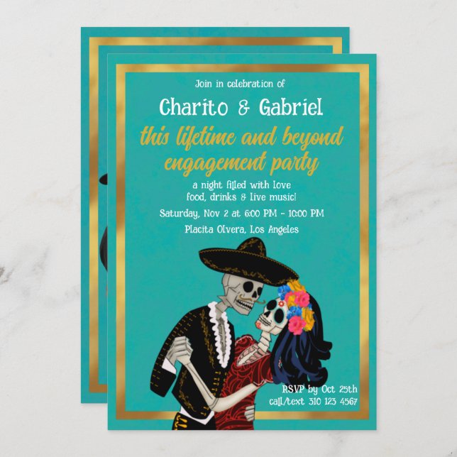 Charro Catrina Sugar Skulls Dance Teal Engagement Invitation (Front/Back)