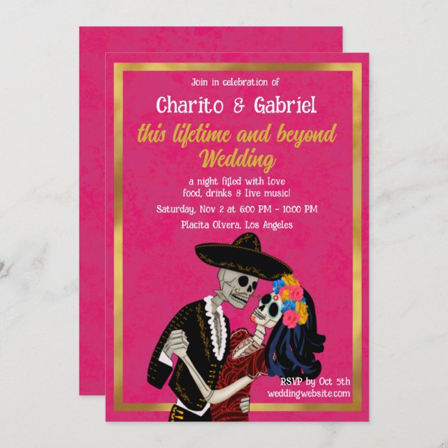 Charro Catrina Sugar Skulls Dancing Pink Wedding Invitation (Front/Back)