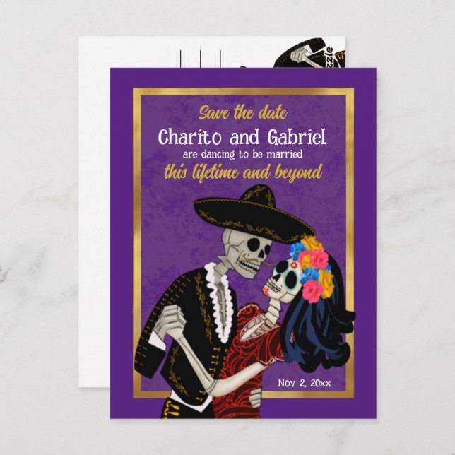 Charro Catrina Sugar Skulls Purple Save the Date Postcard (Front/Back)