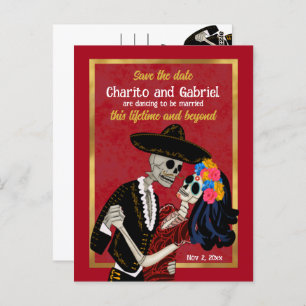 Charro Catrina Sugar Skulls Red Save the Date Postcard