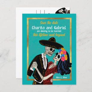 Charro Catrina Sugar Skulls Teal Save the Date Postcard