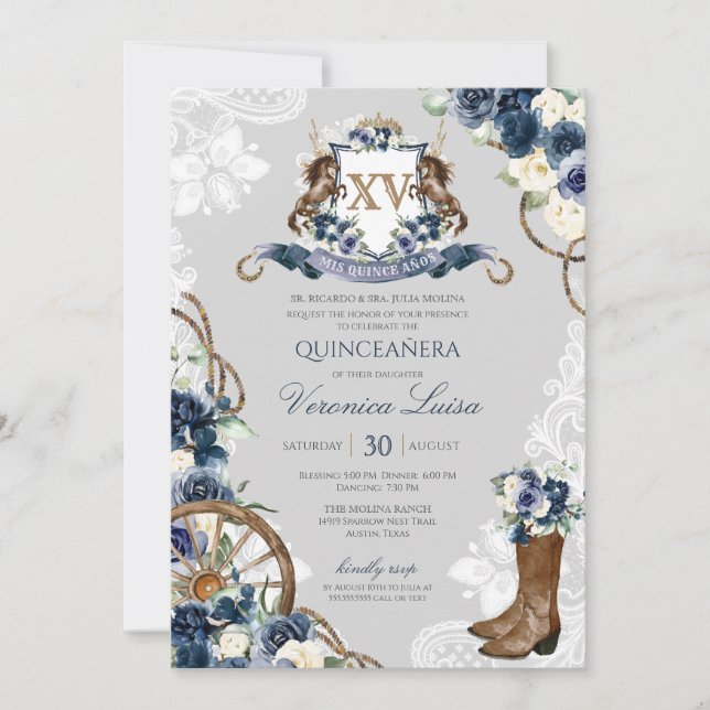Charro Horse Crest Royal Navy Blue Quinceanera Inv Invitation (Front)